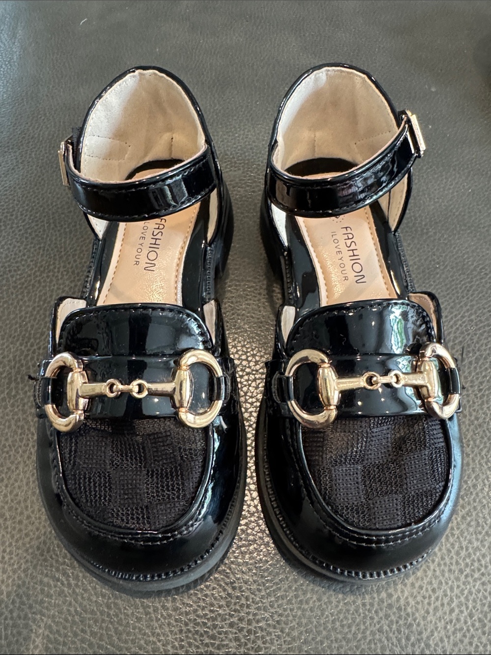 Mia Belle Fashion Kids Black Patent Mary Jane Loafers with Gold Hardware